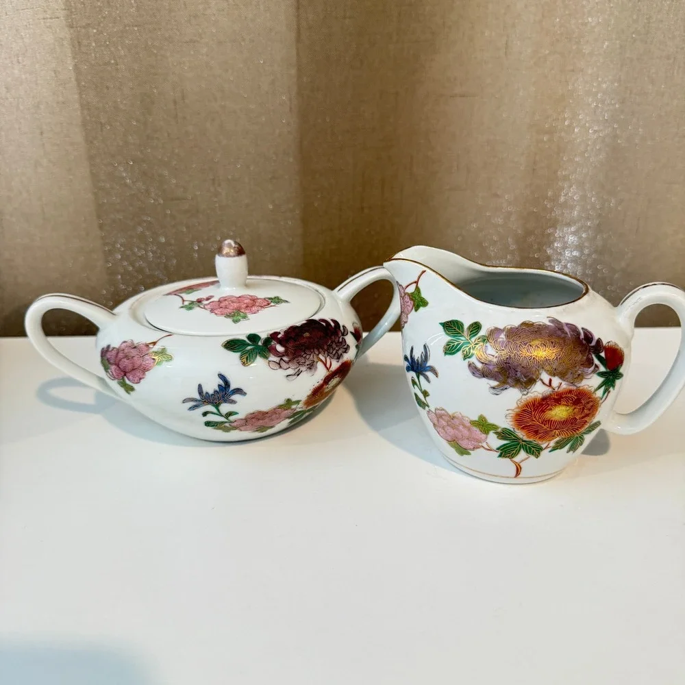 Vintage Japanese Kutani Porcelain Tea Set Floral Chrysanthemum Gold Gilt